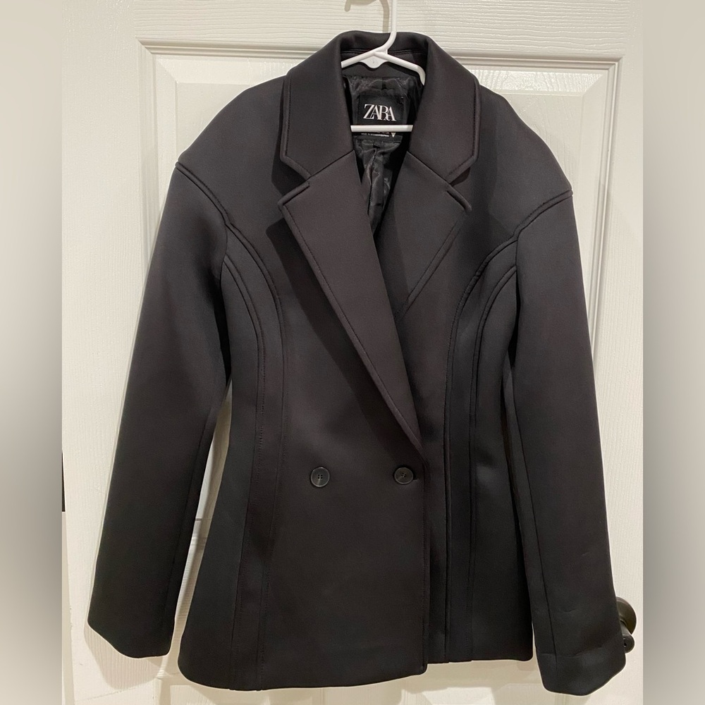 Zara Black Double-Breasted Sculpted Blazer Jacket